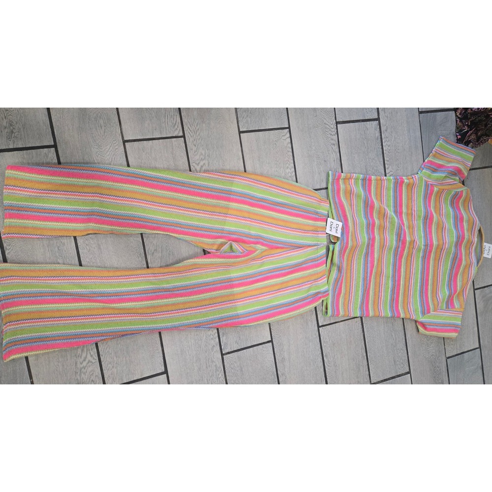 Davi & Dani Multi Color Striped Knit 2 Piece Set Button Down Flare Pants L - Picture 7 of 9